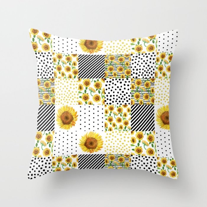 Sunflower Quilt - Patchwork, Boho, Summer, Black And White, Feminine, Floral, Throw Pillow by Charlottewinter - Cover (20" x 20") With Pillow Insert - Indoor Pillow - Image 0