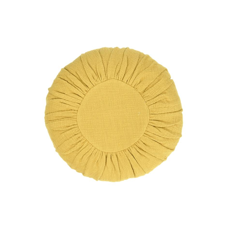 Round Pillow with Gathered Design, Mustard Cotton, 18" - Image 1