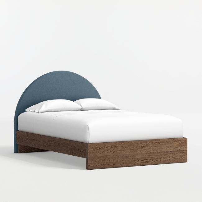 Emma Denim Blue Upholstered Kids Full Headboard with Deep Brown Wood Base - Image 0