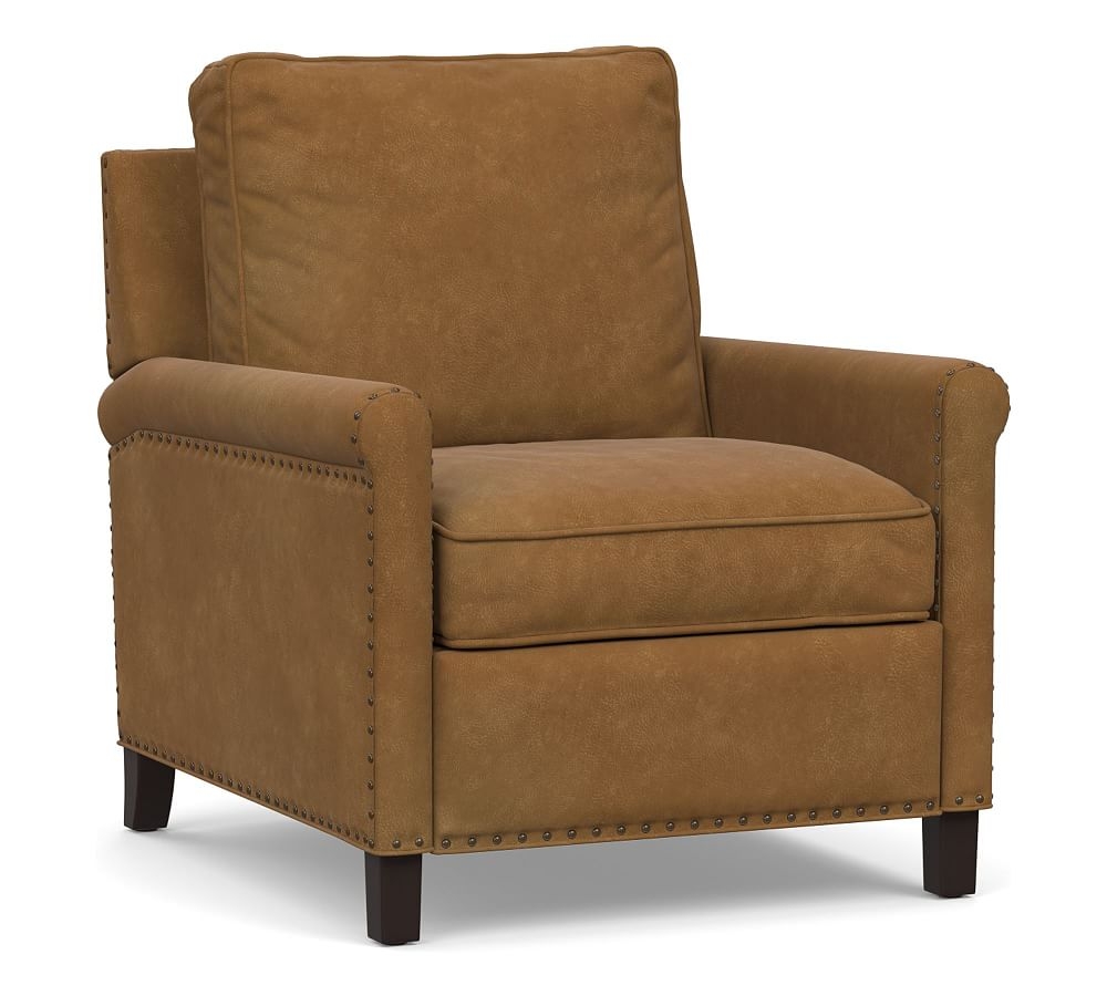 Tyler Roll Arm Leather Power Tech Recliner with Oxidized Satin Brass Nailheads, Down Blend Wrapped Cushions, Nubuck Camel - Image 0