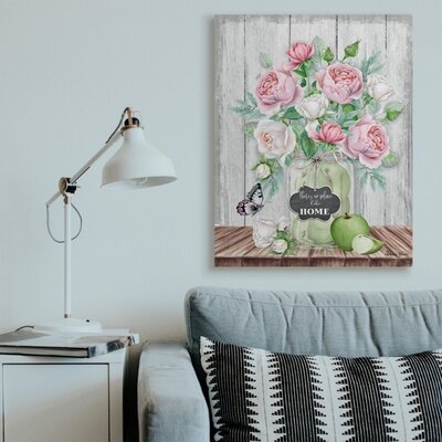 No Place Like Home Text Pink Roses Fruit Jar by Sheri Hart - Graphic Art Print - Image 0