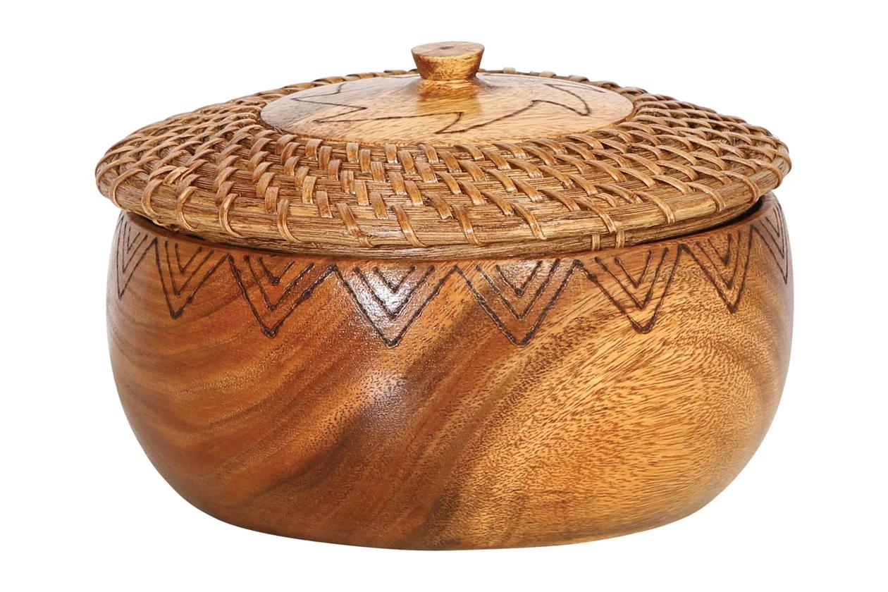 Round Woven Rattan & Acacia Wood Container with Lid & Burned Design, 9.5" - Image 1