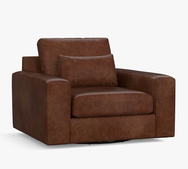 Big Sur Square Arm Leather Deep Seat Swivel Armchair, Down Blend Cushions, Statesville Molasses - Image 1