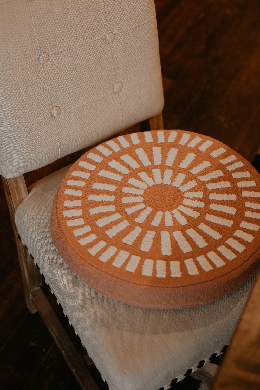 Disk Pillow with Raised Pattern, Burnt Orange & White Cotton, 16" x 16" - Image 7
