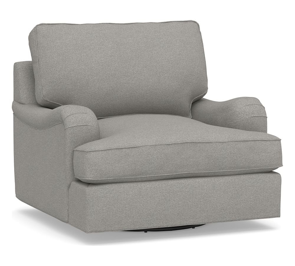 PB English Arm Upholstered Swivel Armchair, Polyester Wrapped Cushions, Performance Heathered Basketweave Platinum - Image 0