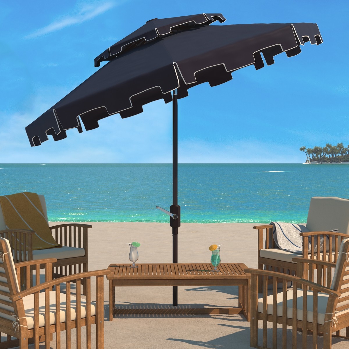 Zimmerman 9Ft Doubletop Umbrella - Navy/White - Safavieh - Image 1