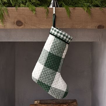 HTH Gingham w/ Contrast Cuff Stocking, Linen, Evergreen, 18"H - Image 0