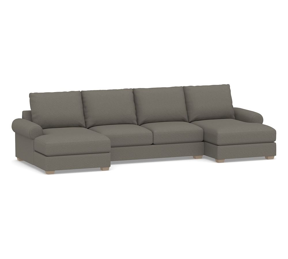 Canyon Roll Arm Upholstered U-Chaise Loveseat Sectional, Down Blend Wrapped Cushions, Chunky Basketweave Metal - Image 0