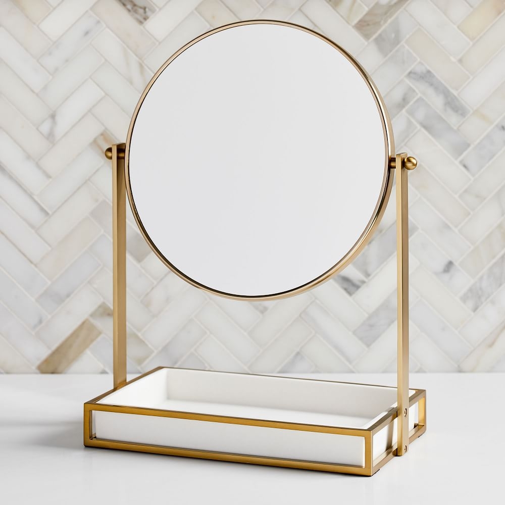 Modern Resin Stone Vanity Mirror, White & Antique Brass - Image 0