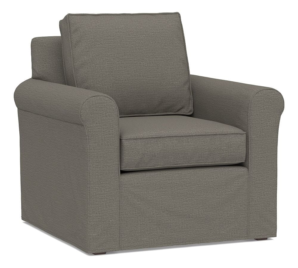 Cameron Roll Arm Slipcovered Armchair, Polyester Wrapped Cushions, Chunky Basketweave Metal - Image 0