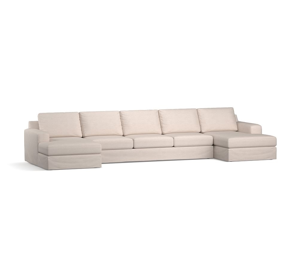 Big Sur Square Arm Slipcovered U-Chaise Grand Sofa Sectional, Down Blend Wrapped Cushions, Chenille Basketweave Taupe - Image 0