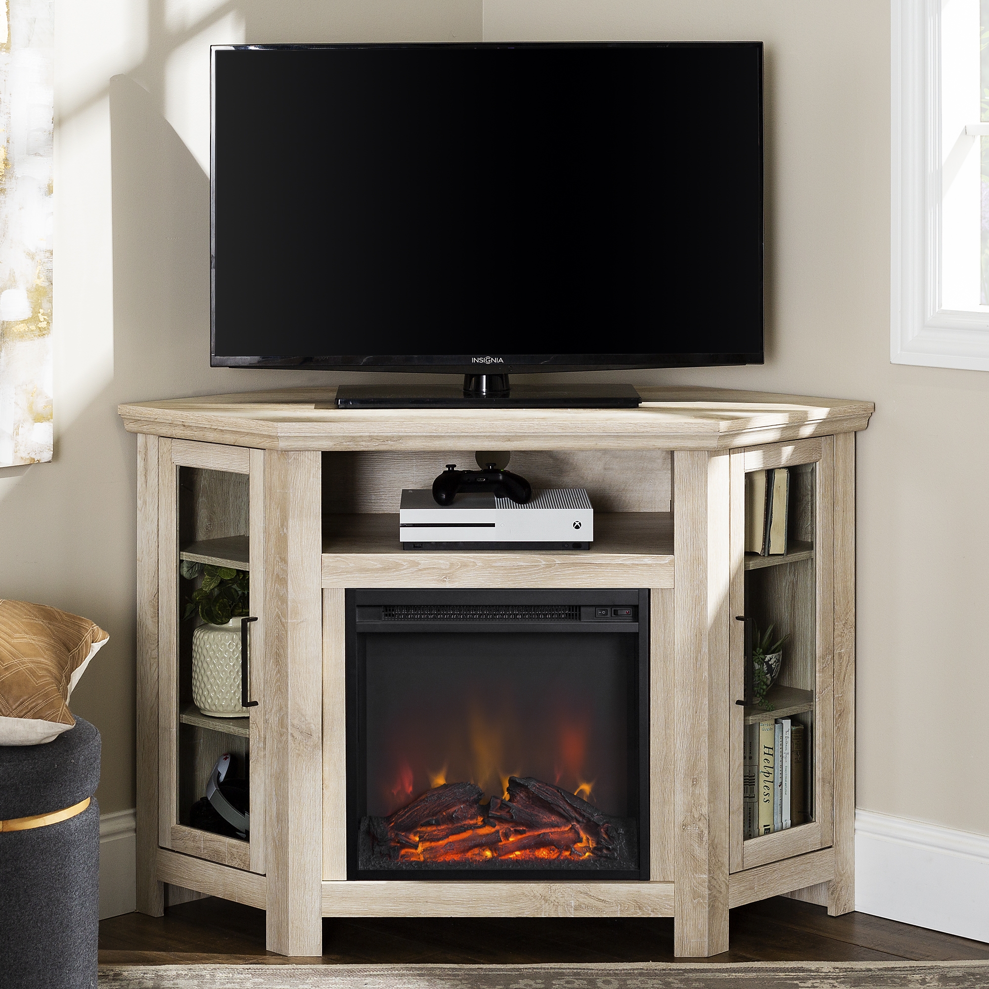 48" Wood Corner Fireplace TV Stand - White Oak - Image 2