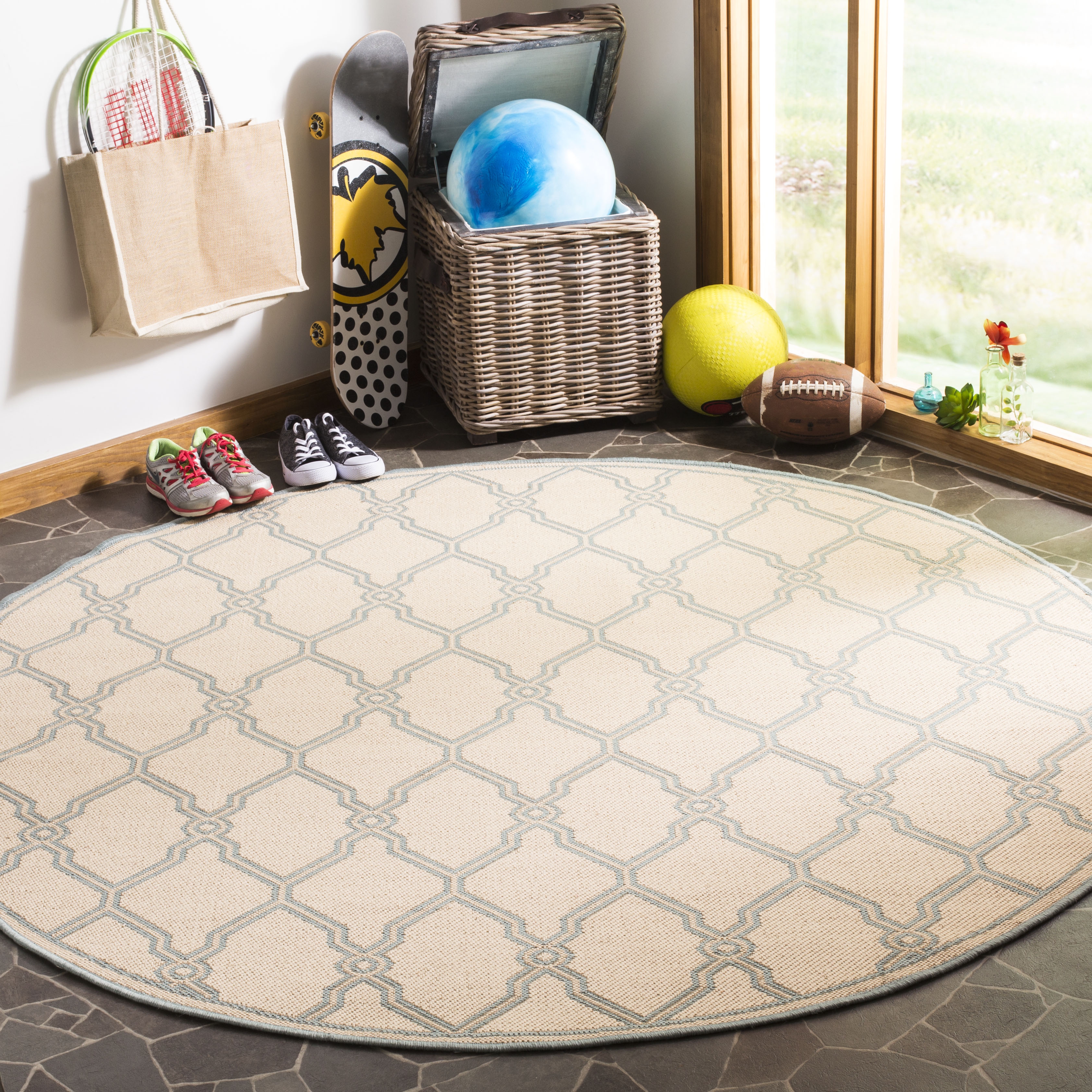 Arlo Home Indoor/Outdoor Woven Area Rug, LND124L, Cream/Aqua,  6' 7" X 6' 7" Round - Image 1
