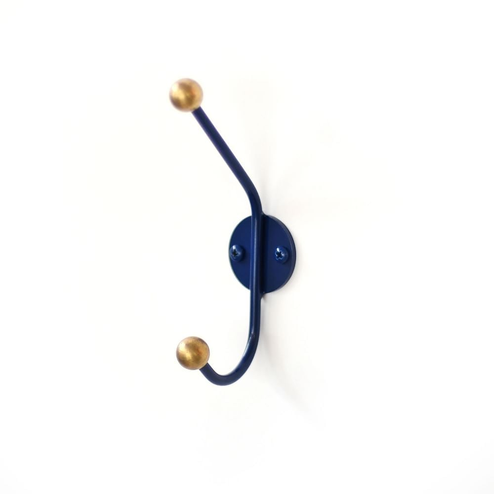 Mid Century Wall Hook, Brass Ball Ends, Navy - Image 0