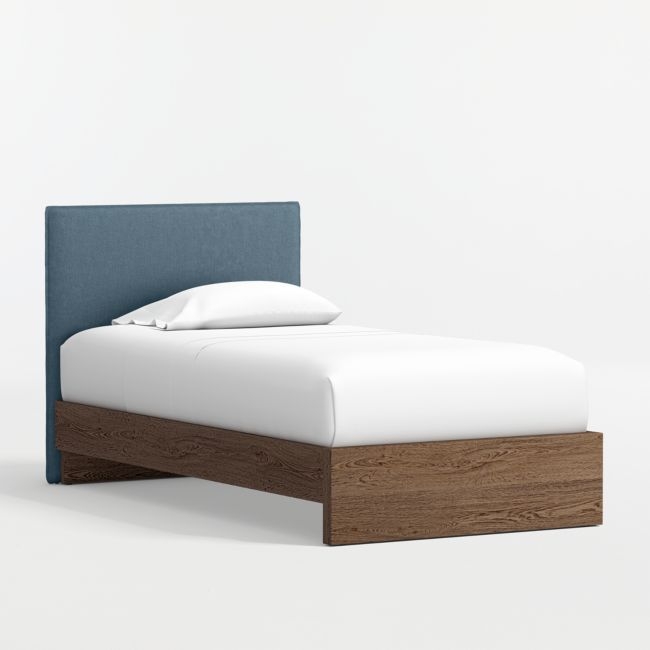Noa Denim Blue Upholstered Flange Kids Twin Headboard with Deep Brown Wood Base - Image 0