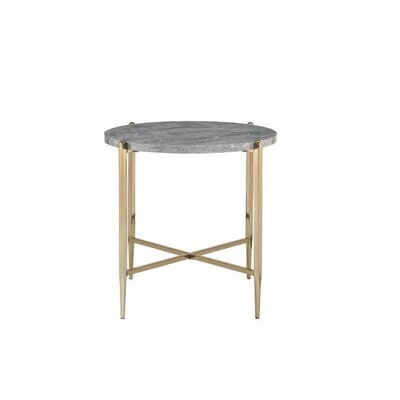 End Table With Oval Marble Top And X Shaped Support, Gray And Gold - Image 0