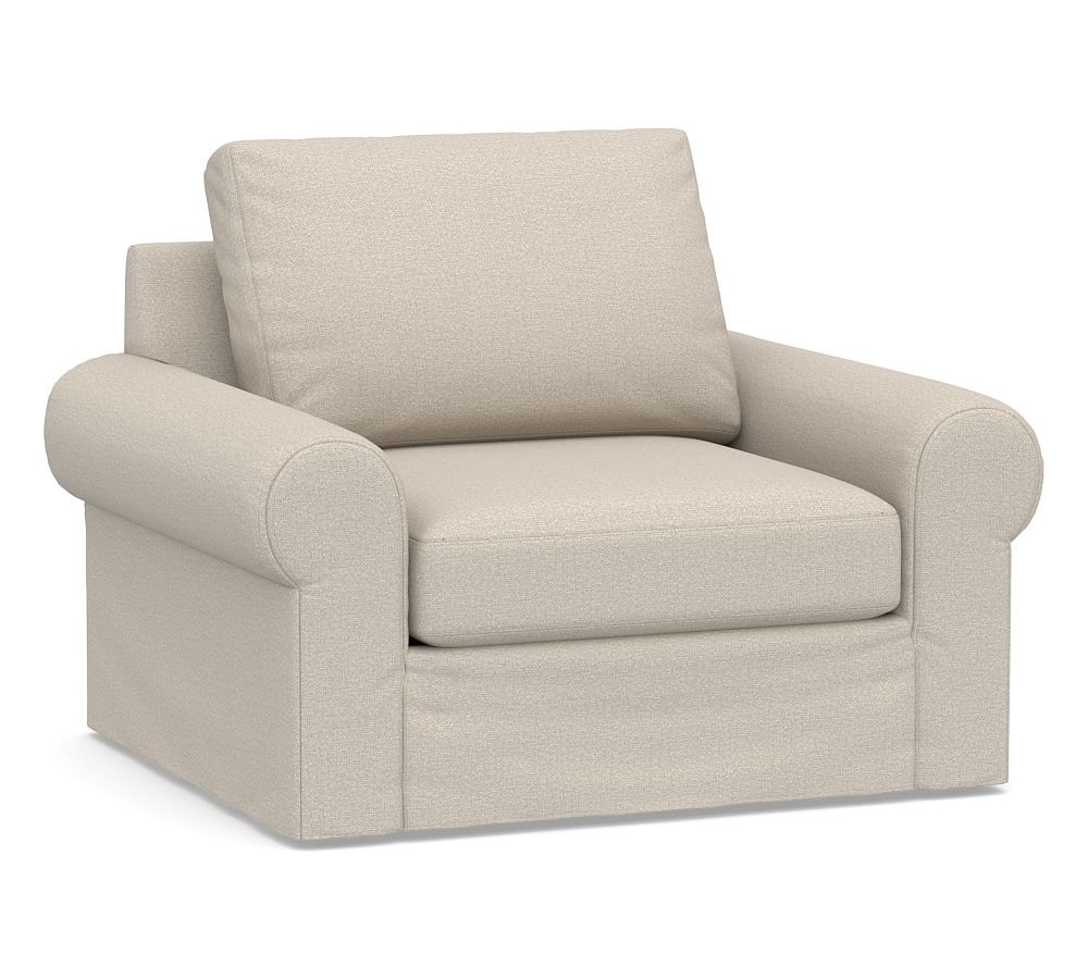 Big Sur Roll Arm Slipcovered Swivel Armchair, Down Blend Wrapped Cushions, Performance Chateau Basketweave Oatmeal - Image 0