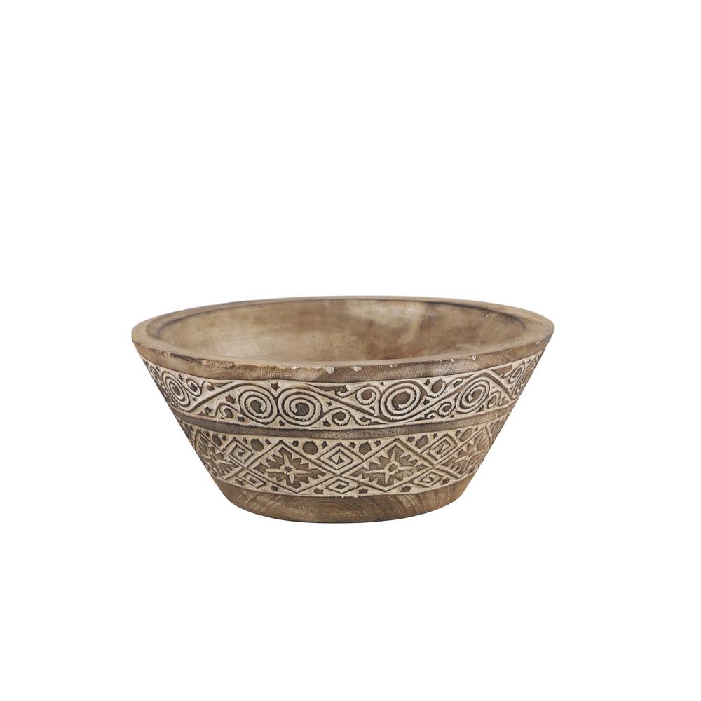 Litton Lane Large Round Decorative Hand-Carved Brown and White Wood Bowl with Tribal Design - Image 0