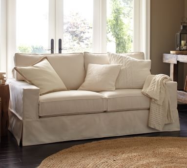 PB Comfort Square Arm Slipcovered Loveseat 61", Box Edge Polyester Wrapped Cushions, Performance Boucle Pebble - Image 2
