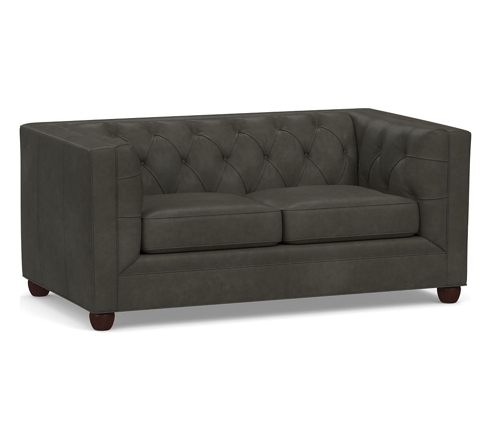 Chesterfield Square Arm Leather Loveseat, Polyester Wrapped Cushions, Churchfield Ebony - Image 0