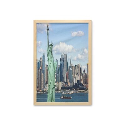 Ambesonne New York Wall Art With Frame, Liberty In NYC Harbor Urban City Print Famous Cultural Landmark Picture, Printed Fabric Poster For Bathroom Living Room Dorms, 23" X 35", Mint Blue - Image 0