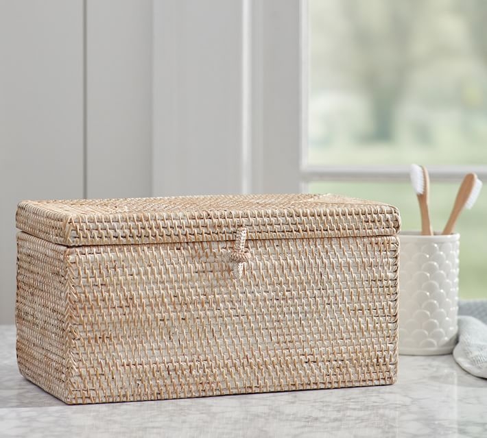 Tava Handwoven Rattan Lidded Box, White Wash - Image 3