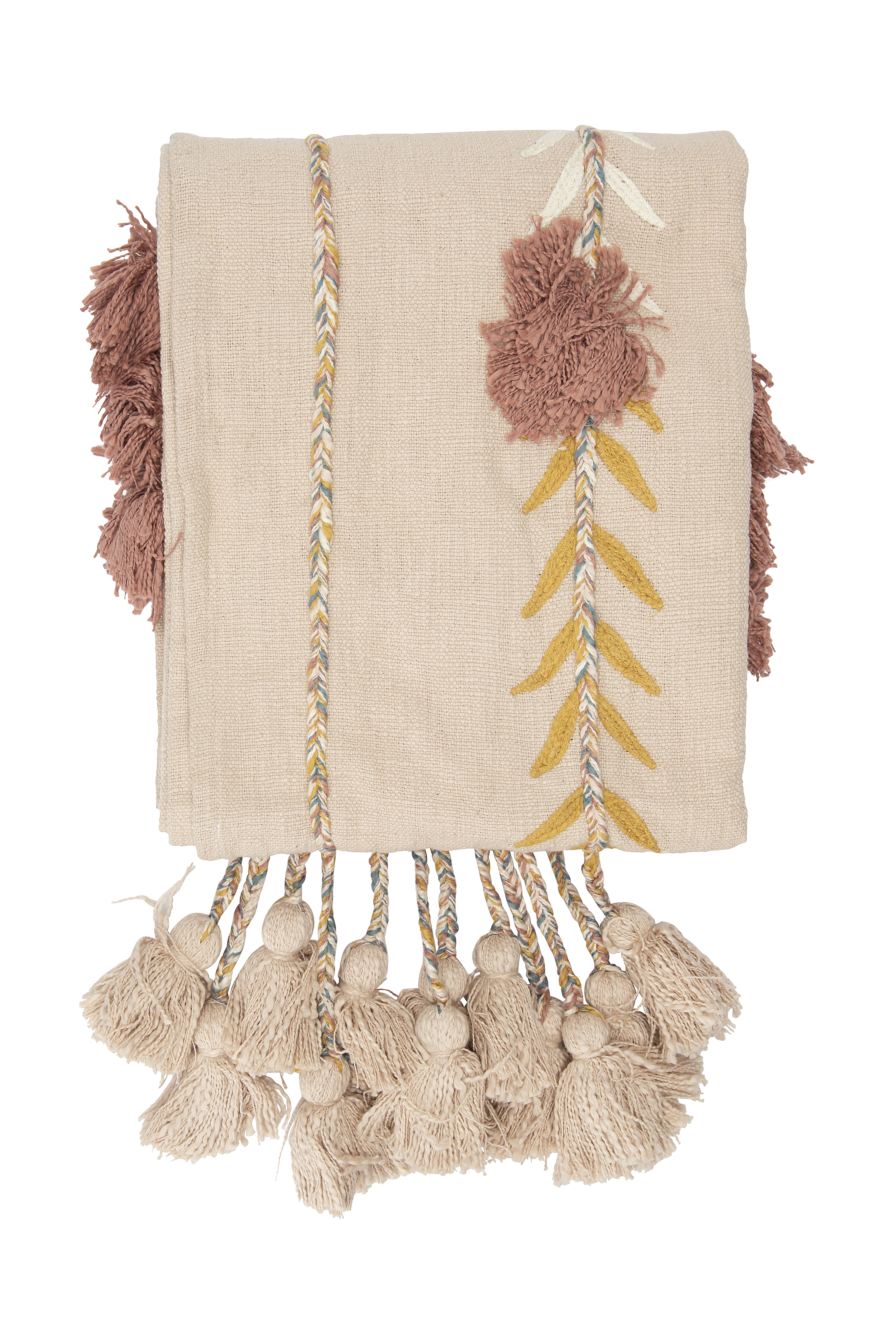 Embroidered Throw with Decorative Applique, Pom Poms & Tassels, Pink Cotton - Image 0