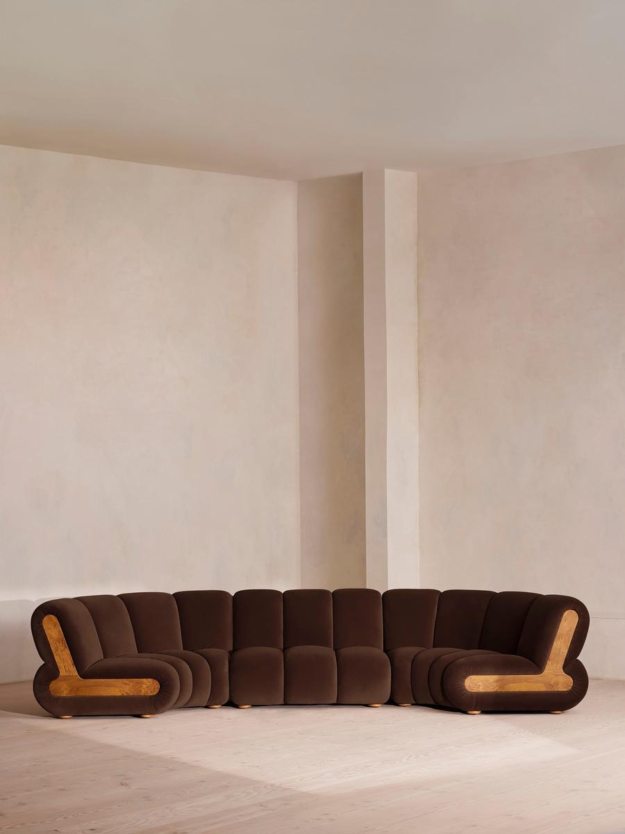 Noelle Sectional Curved Sofa, Six Seater, Velvet Chocolate Brown, US - Image 0