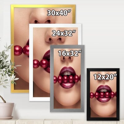Woman With Red Pearls In Mouth In A Sensual Pose - Modern Canvas Wall Art Print - Image 0