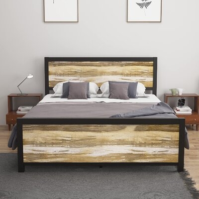 Platform Bed Frame With Wooden Headboard And Headboard, Industrial Rustic Metal Bed Frame, Mattress Foundation, Metal Slat Support, No Box Spring Needed, Queen Rustic Brown - Image 0