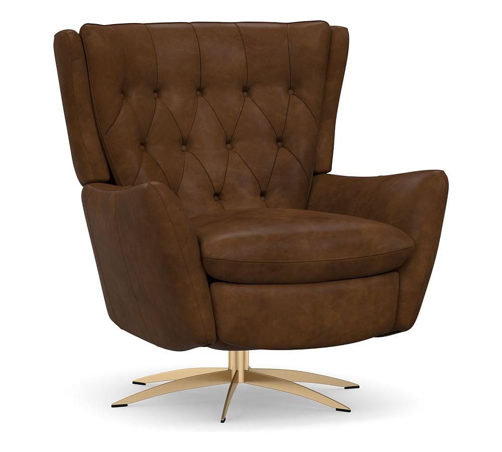 Wells Leather Swivel Recliner with Brass Base, Polyester Wrapped Cushions, Vegan Chestnut - Image 0