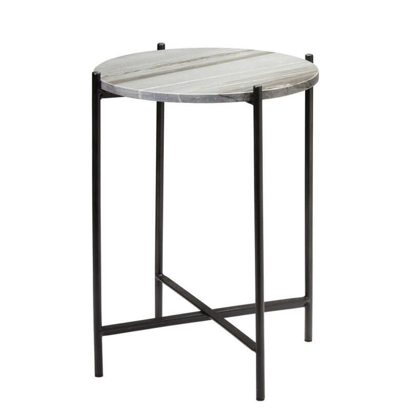 Domain Side Table In Black Textured Marble  & Black Iron Table Top Color: Gray - Image 0