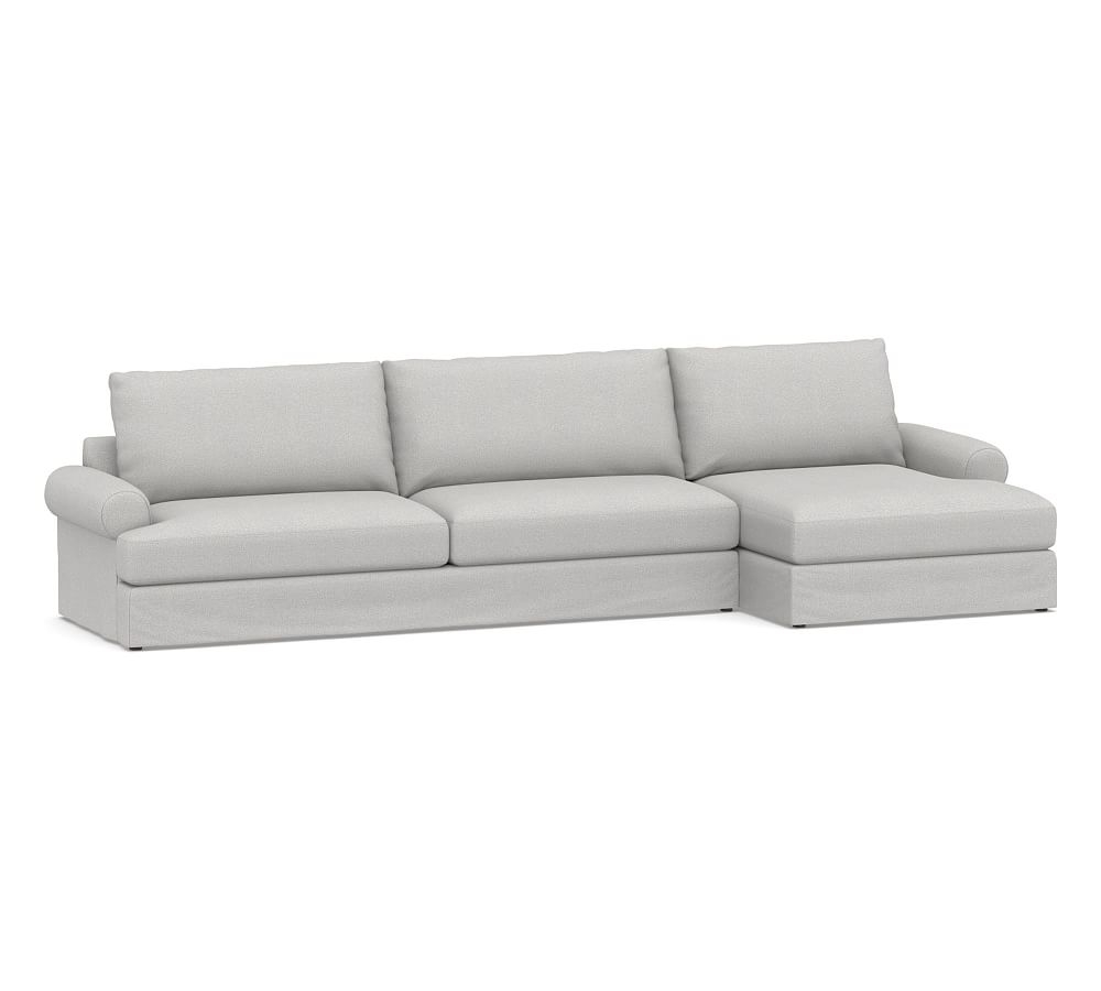 Canyon Roll Arm Slipcovered Left Arm Sofa with Double Chaise Sectional, Down Blend Wrapped Cushions, Park Weave Ash - Image 0