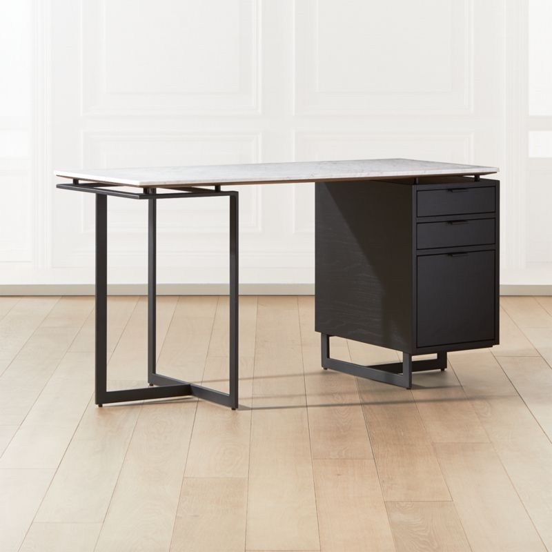 Fullerton 3-Drawer Black Metal and Oak Wood with White Marble Top - Image 1