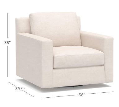 York Square Arm Upholstered Swivel Armchair, Down Blend Wrapped Cushions, Performance Heathered Basketweave Dove - Image 1