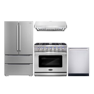 4 Piece Kitchen Package With 36" Freestanding Gas Range 36" Under Cabinet Range Hood 24" Built-in Fully Integrated Dishwasher & Energy Star French Door Refrigerator - Image 0