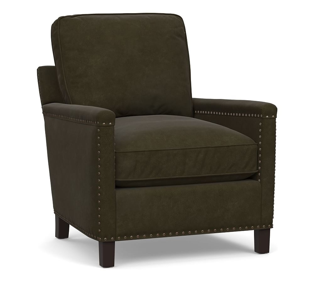 Tyler Square Arm Leather Armchair with Nailheads, Down Blend Wrapped Cushions, Aviator Blackwood - Image 0