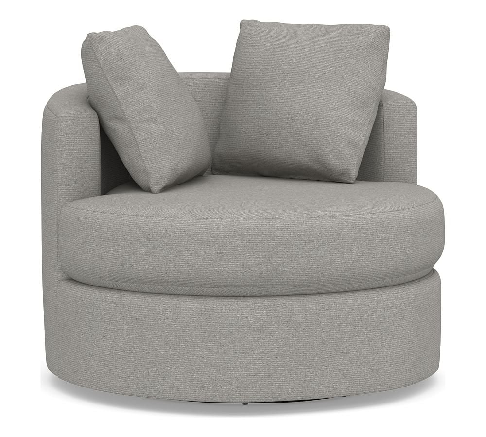 Balboa Upholstered Swivel Armchair, Standard Cushions, Performance Heathered Basketweave Platinum - Image 0