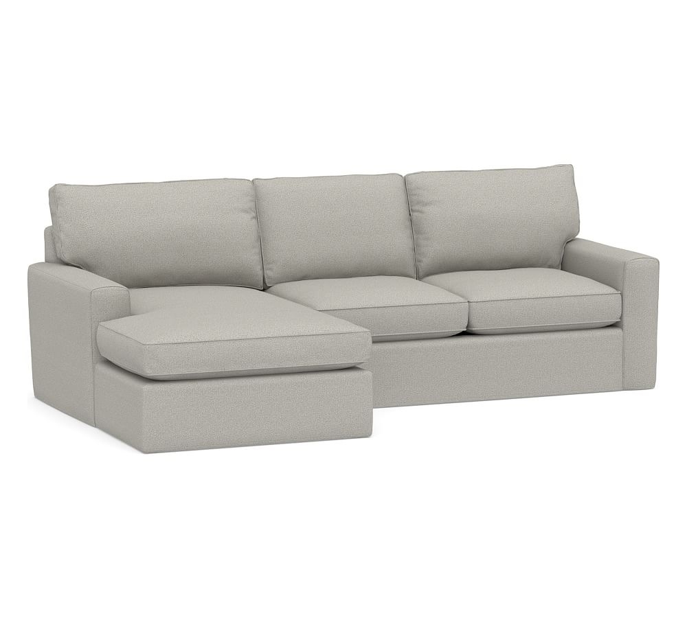 Pearce Square Arm Slipcovered Right Arm Loveseat with Double Chaise Sectional, Down Blend Wrapped Cushions, Performance Boucle Pebble - Image 0
