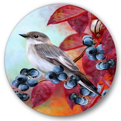 Little Gray Bird On Red Autumn On Blueberry Twig - Traditional Metal Circle Wall Art - Image 0