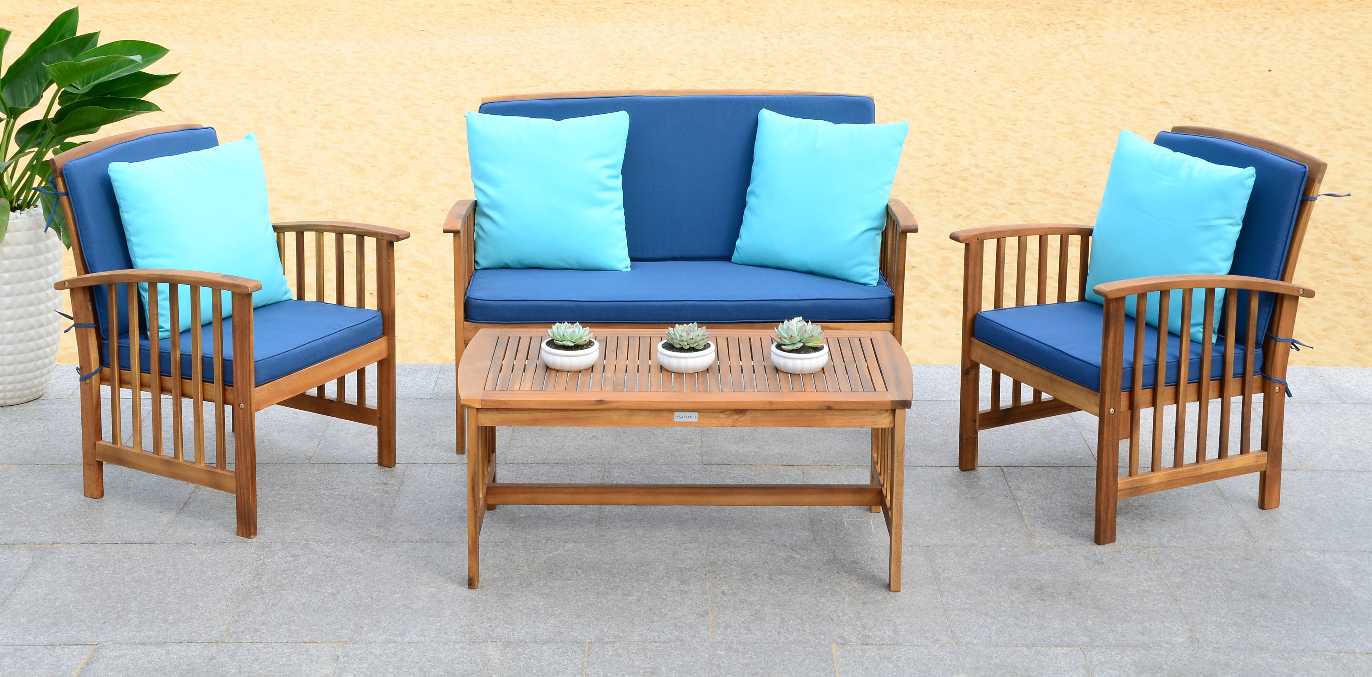 Rocklin 4 Piece Outdoor Set - Natural Look/Navy - Safavieh - Image 1