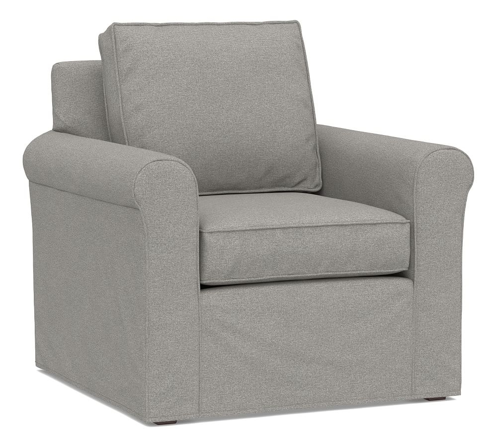 Cameron Roll Arm Slipcovered Armchair, Polyester Wrapped Cushions, Performance Heathered Basketweave Platinum - Image 0