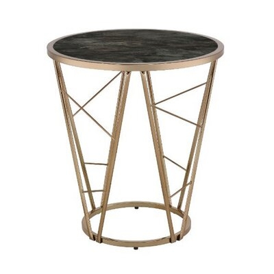 End Table With Glass Top And Geometric Frame, Black And Gold - Image 0