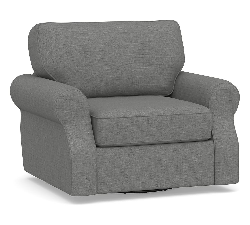 SoMa Fremont Roll Arm Upholstered Swivel Armchair, Polyester Wrapped Cushions, Basketweave Slub Charcoal - Image 0