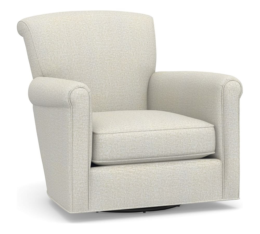 Irving Roll Arm Upholstered Swivel Armchair with Nailheads, Polyester Wrapped Cushions, Performance Heathered Basketweave Dove - Image 0
