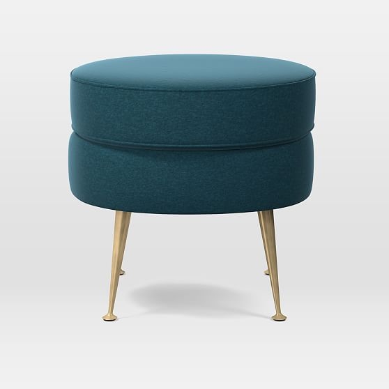 OPEN BOX:Pietro Round Ottoman, Small Round, Performance Velvet, Lagoon, Brass - Image 0