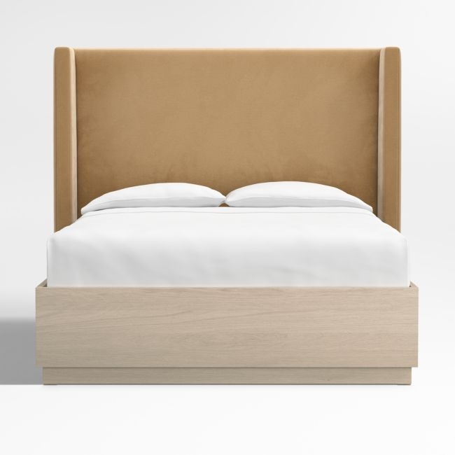 Arden 60" Camel Brown Upholstered Queen Headboard with Batten White Oak Storage Bed Base - Image 0