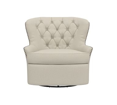 Cardiff Tufted Upholstered Swivel Armchair with Nailheads, Polyester Wrapped Cushions, Performance Heathered Basketweave Navy - Image 2