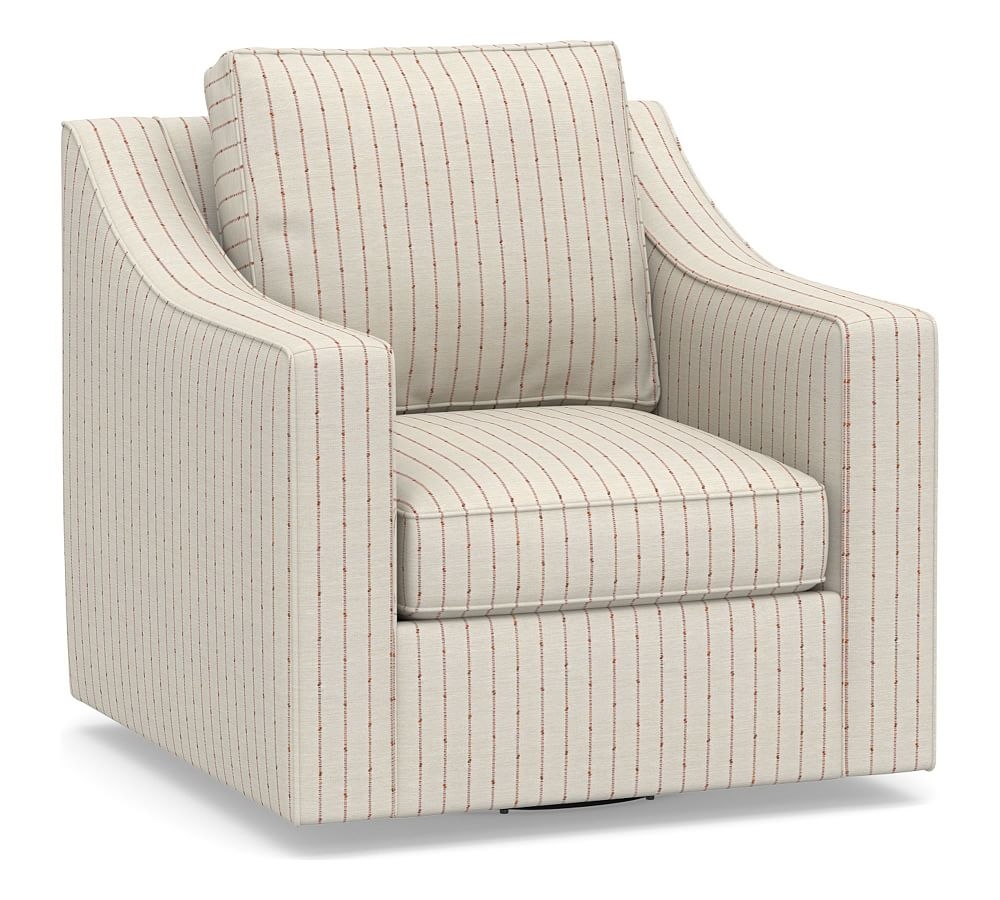 Cameron Slope Arm Upholstered Swivel Armchair, Polyester Wrapped Cushions, Slubby Pinstripe Red - Image 0