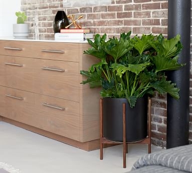 Modern Ceramic Planters with Wooden Stand, Black - Medium - Image 2